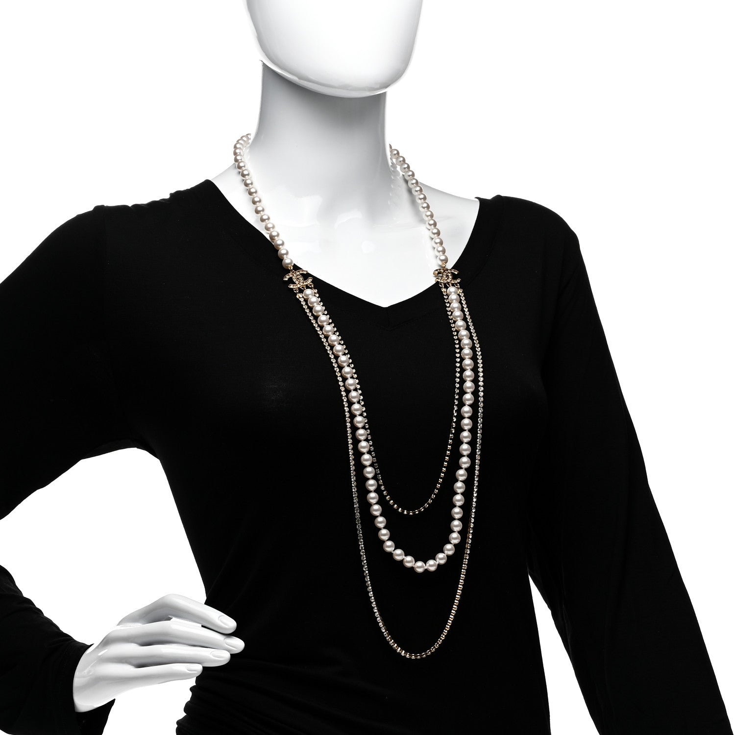 Chanel Pearl Crystal Multi Strand CC Long Necklace Gold 2 of 4