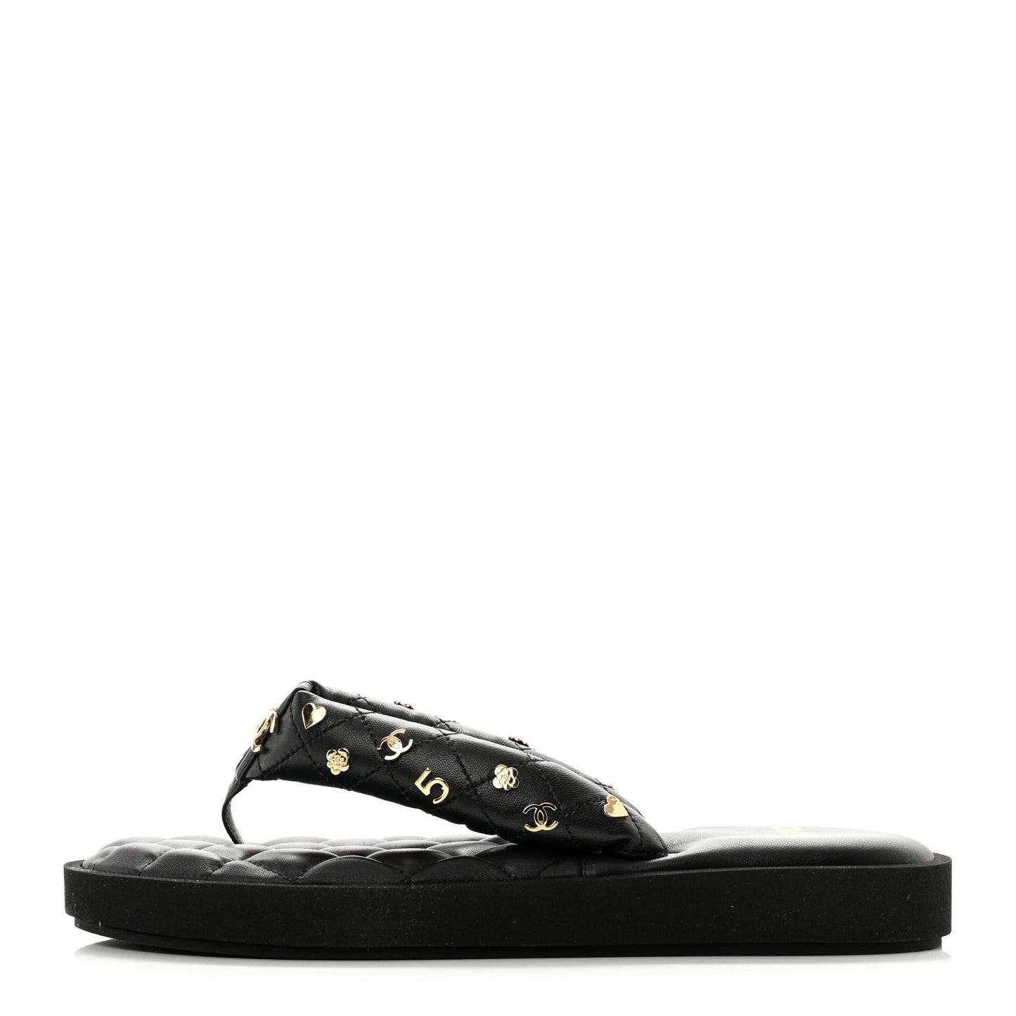 Lambskin Quilted Padded Charms Thong Sandals 40.5 Black