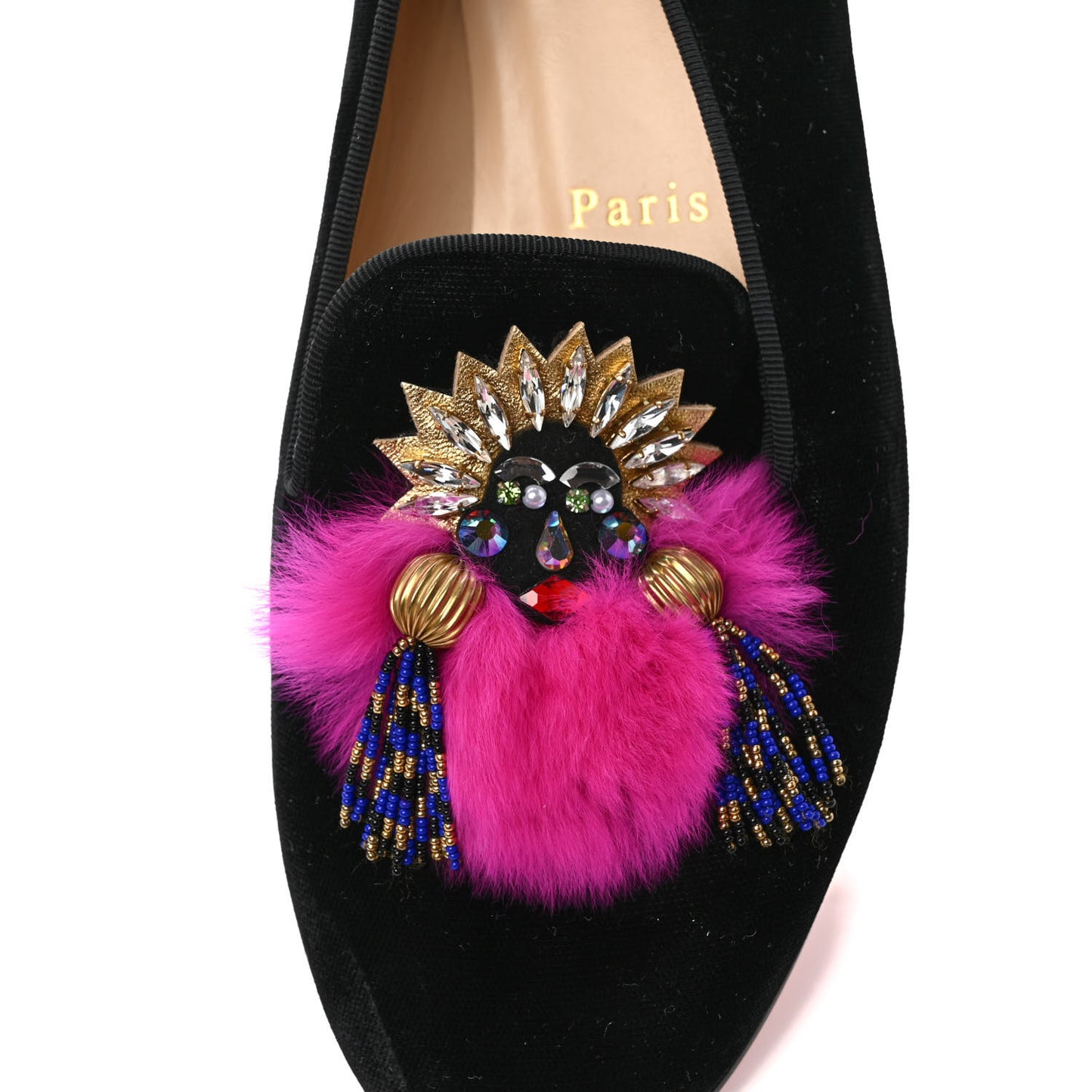 Velvet Fur Crystal Mayamoc Loafers 37 Black