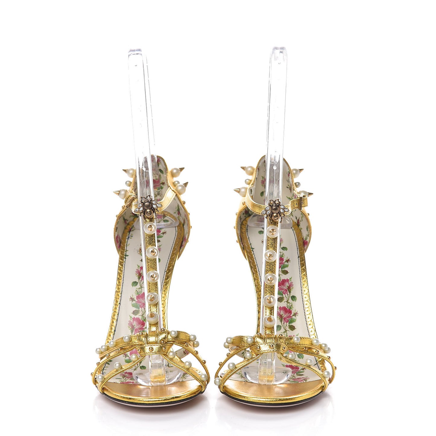 Metallic Nappa Silk Pearl Studded Regina T-Strap High Heel Sandals 40 Oro Vecchio