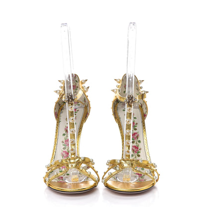 Gucci Metallic Nappa Silk Pearl Studded Regina T-Strap High Heel Sandals 40 Oro Vecchio 3 of 10