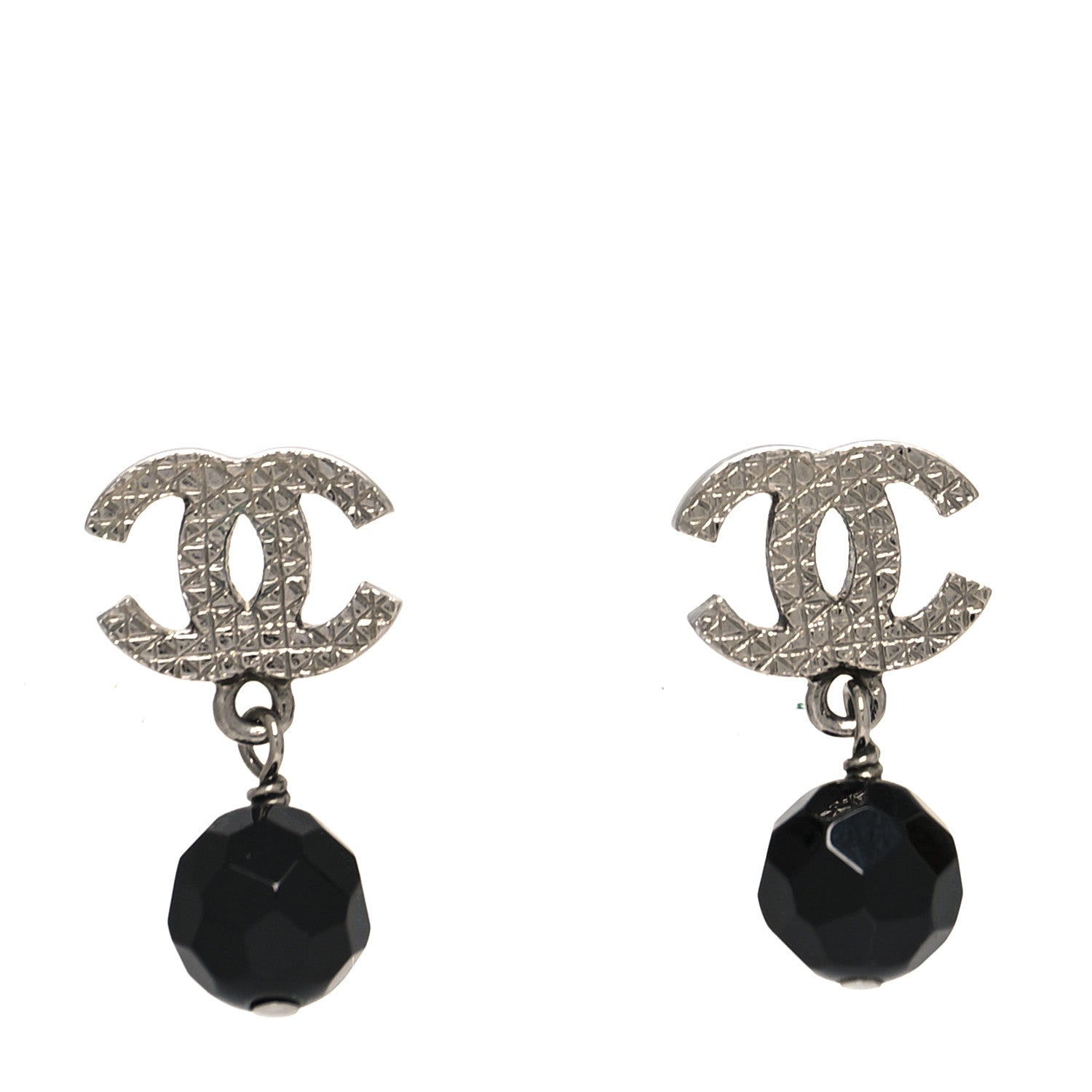 Chanel Beaded CC Dangle Earrings Silver Black 1 of 4