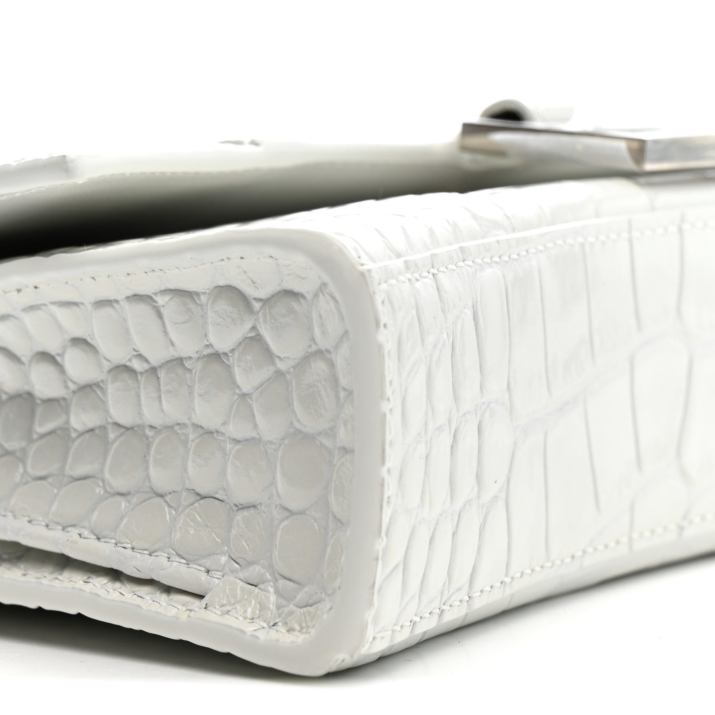Shiny Calfskin Crocodile Embossed Small Hourglass Evening Chain Bag White