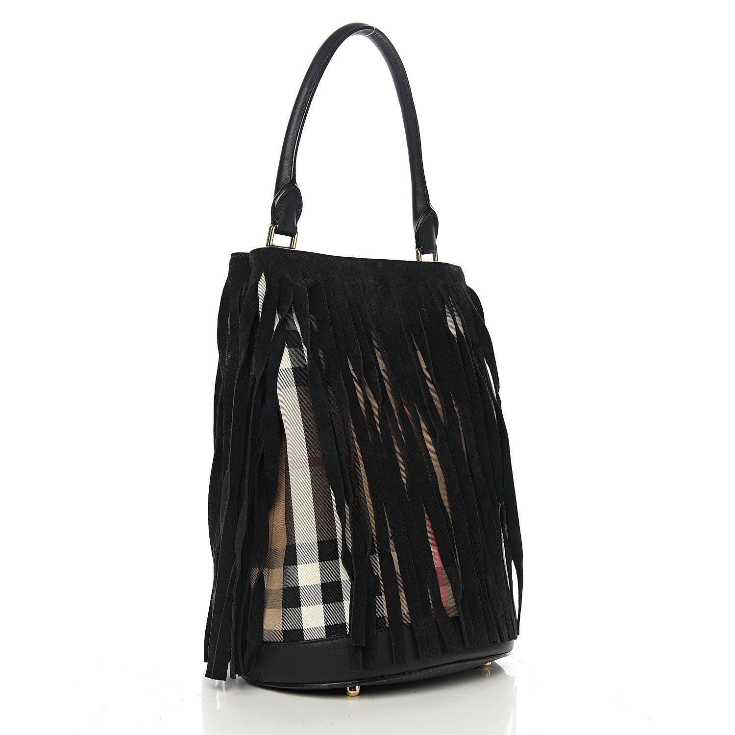 Burberry Prorsum Suede House Check Fringe Bucket Bag Black 3 of 9
