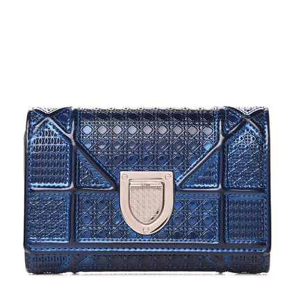 Christian Dior Metallic Patent Micro-Cannage Diorama Elancee Wallet Mirror Blue 1 of 10