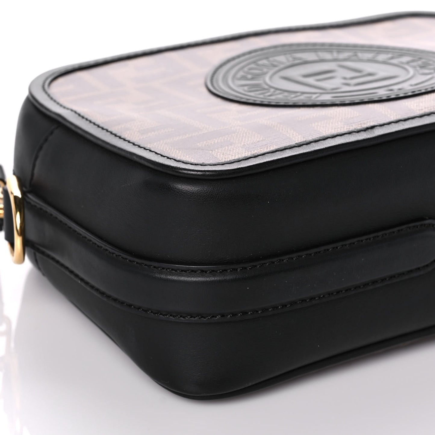 Glazed Fabric Vitello Century F is Fendi FF 1974 Stamp Patch Camera Case Mogano Panna Black