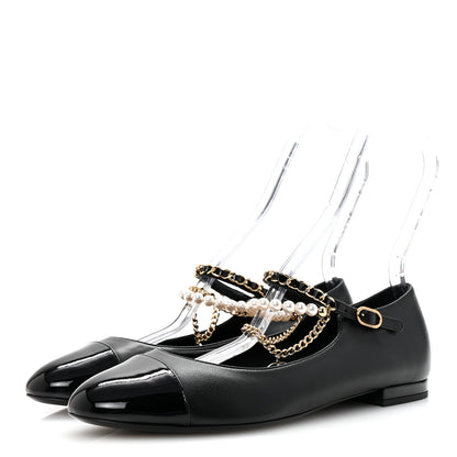 Chanel Shiny Lambskin Pearl Cap Toe Ankle Chain Ballerina Flats 41 Black 4 of 10
