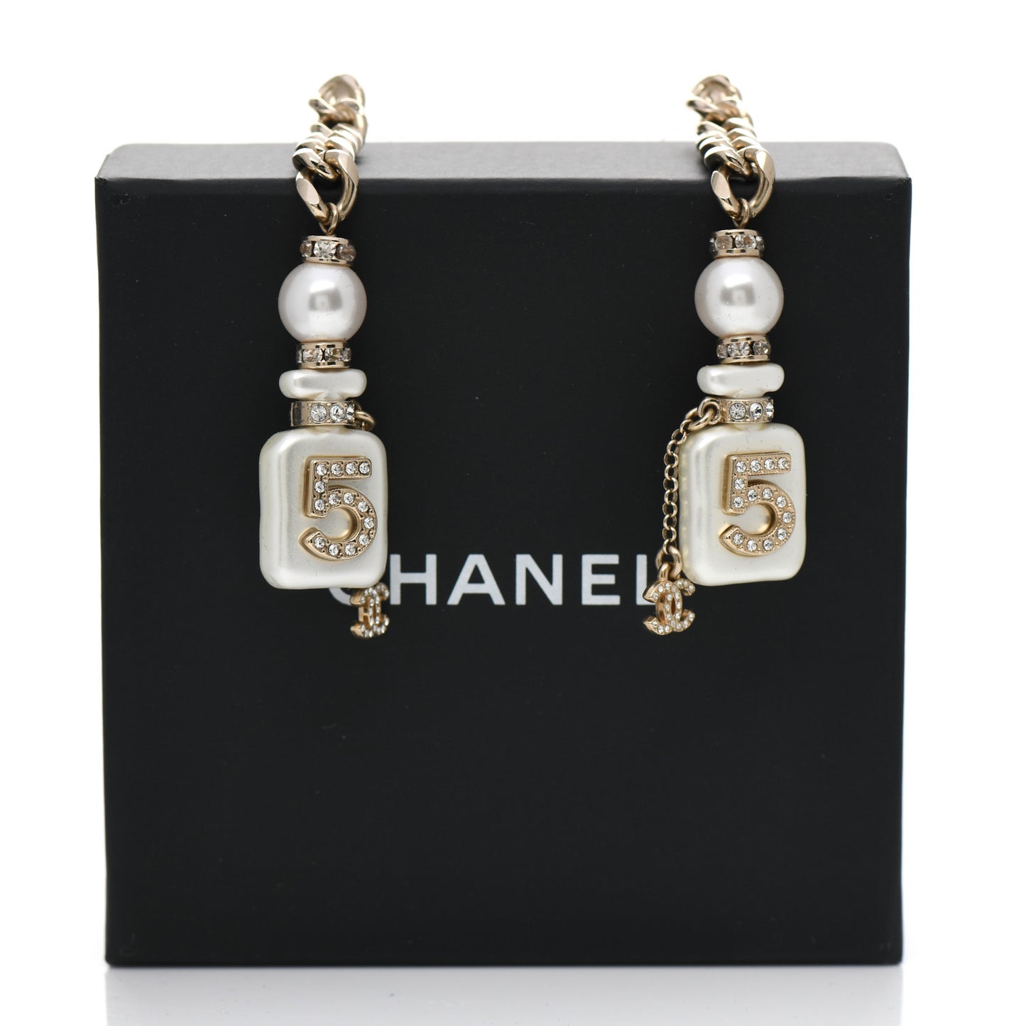 Pearl Resin Crystal CC No 5 Perfume Bottle Chain Drop Earrings Gold Pearly White