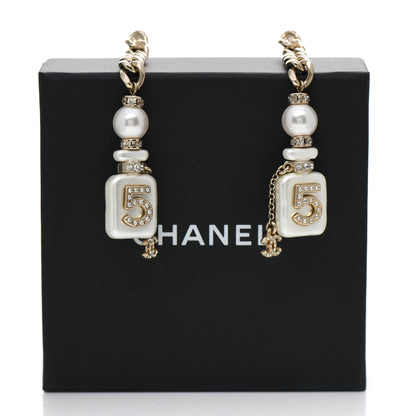 Chanel Pearl Resin Crystal CC No 5 Perfume Bottle Chain Drop Earrings Gold Pearly White 5 of 5