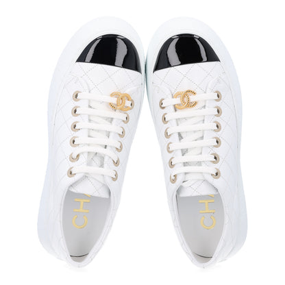 Chanel Crumpled Lambskin Patent Cap Toe CC Stitched Sneakers 38 White Black 2 of 10