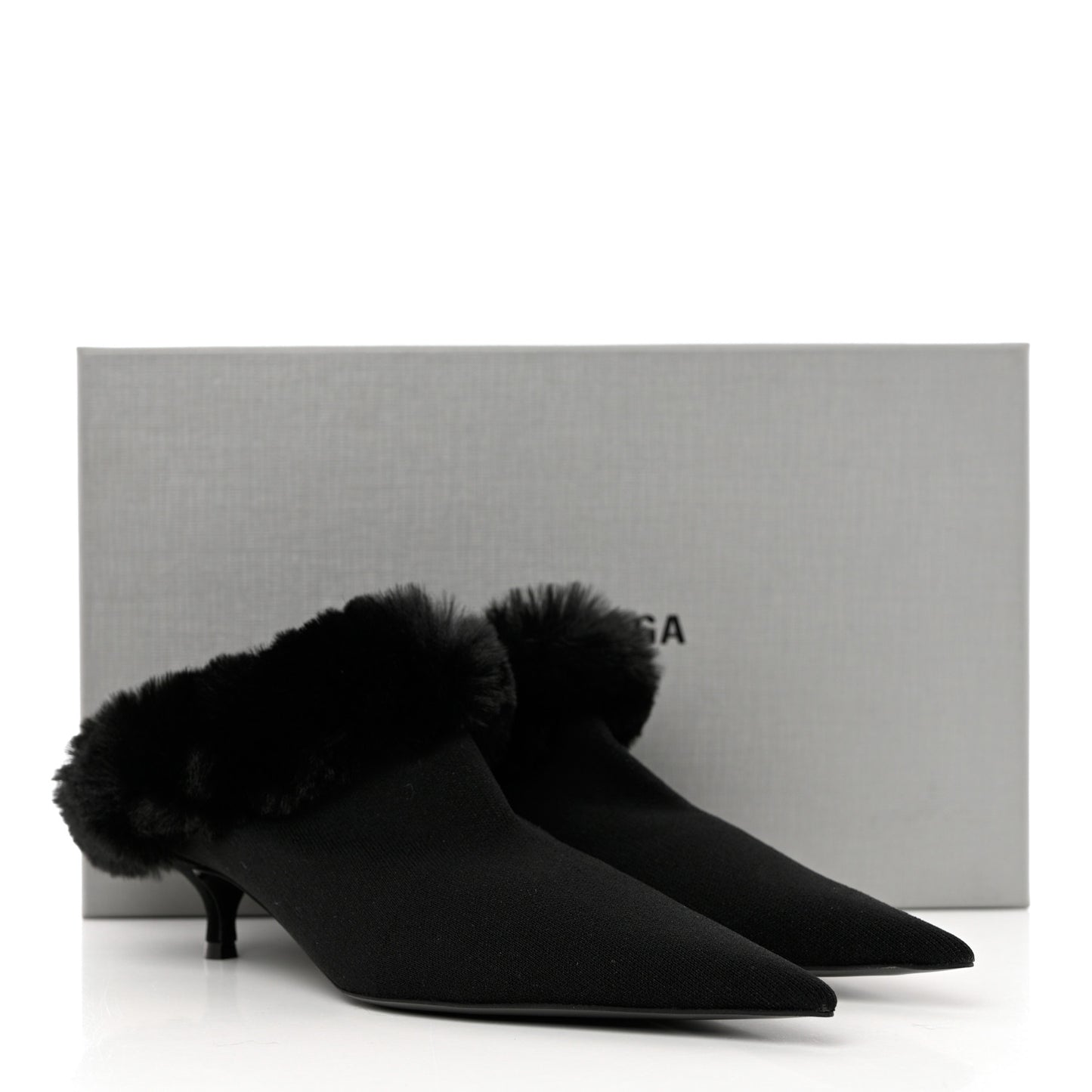 Sustainable Knit Faux Fur Knife Pointed Toe 40mm Mules 37 Black