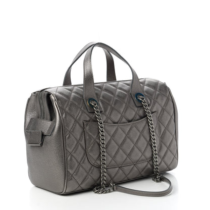 Chanel Metallic Grained Calfskin Quilted Large Casual Pocket Bowling Bag Silver 3 of 12