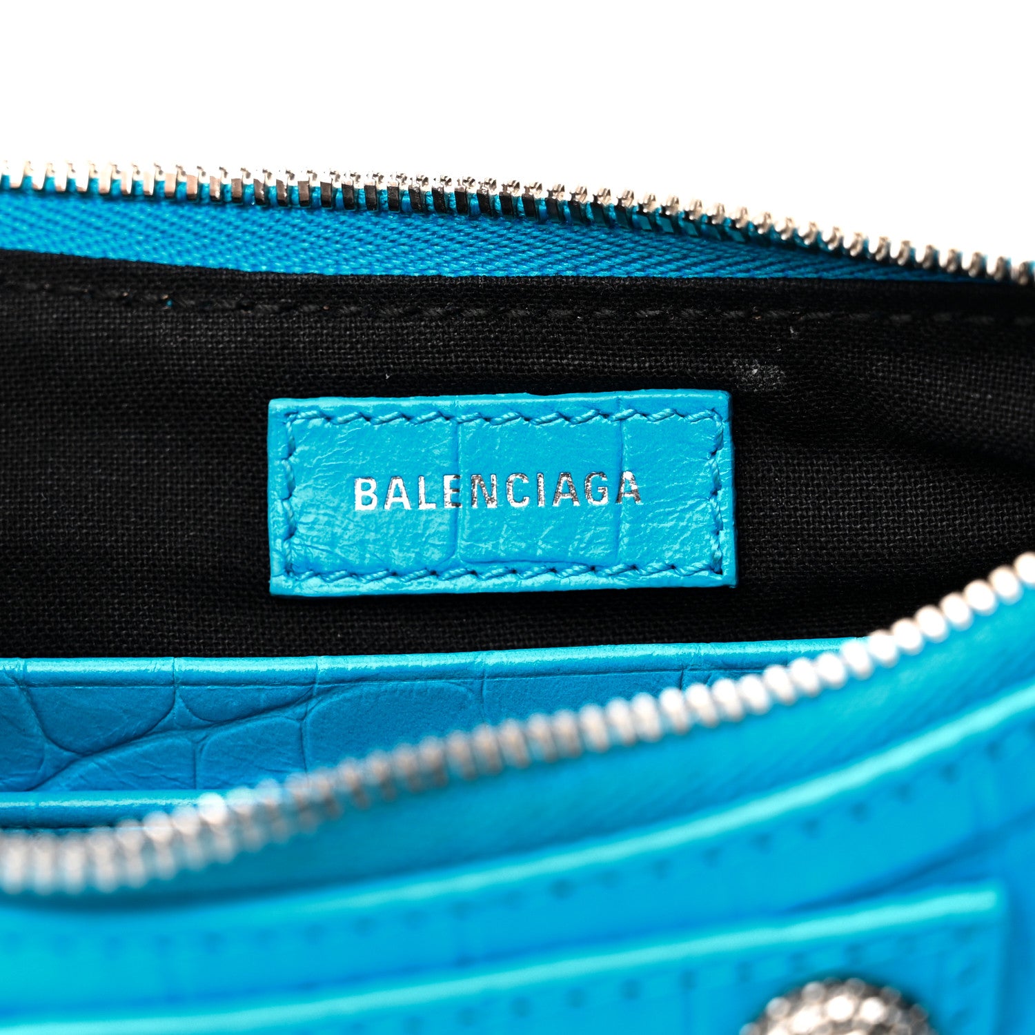 Balenciaga Extra Supple Calfskin Crocodile Embossed Crystal Mini Le Cagole Purse With Chain Cyan 6 of 11