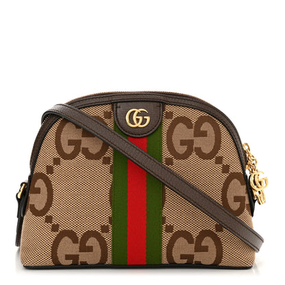 Gucci Monogram Jumbo GG Textured Dollar Calfskin Web Small Ophidia Dome Shoulder Bag Camel Ebony New Acero 1 of 10