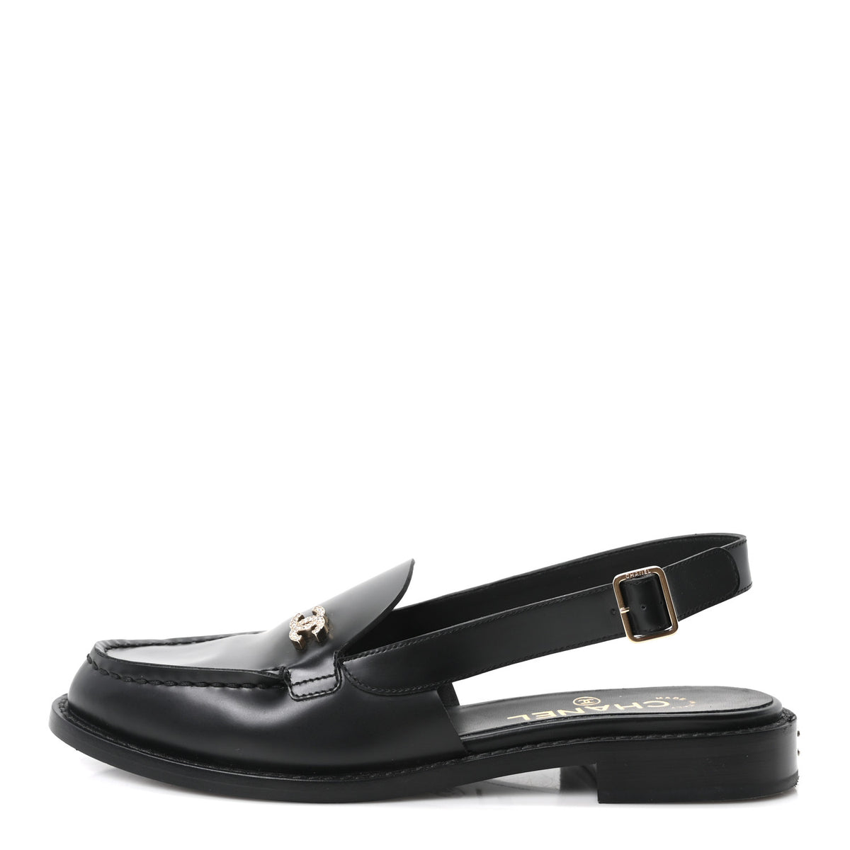 Calfskin Crystal Slingback Loafers 37.5 Black