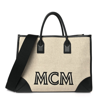 MCM Calfskin Linen Large Munchen Tote Black 3 of 9