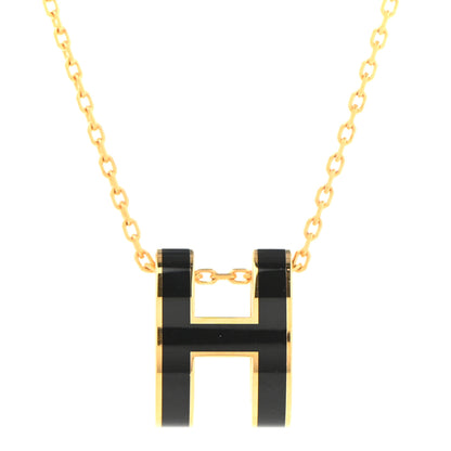 Hermes Lacquered Gold Pop H Pendant Necklace Black 4 of 7