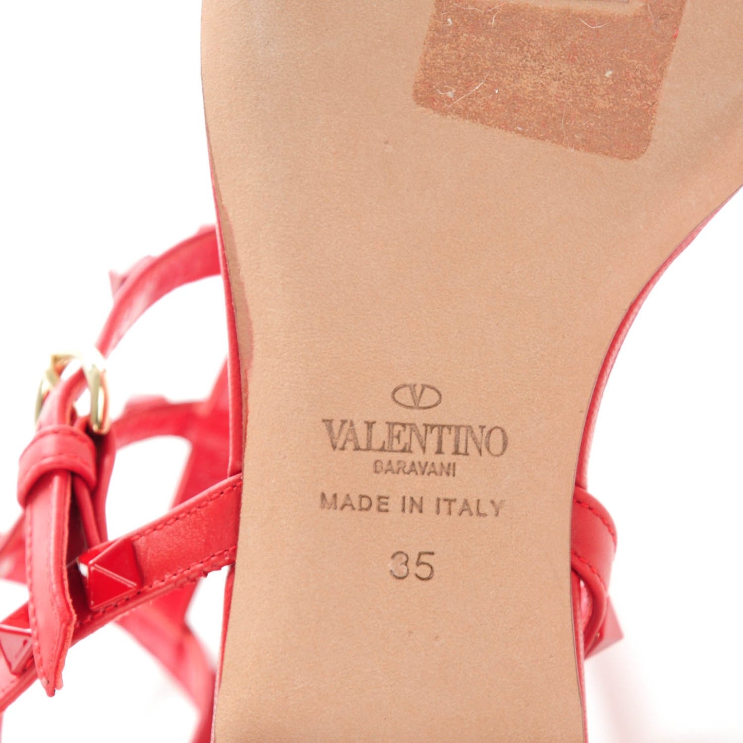 Calfskin Monochrome Rockstud Ankle Wrap Flat Thong Sandals 35 Rosso