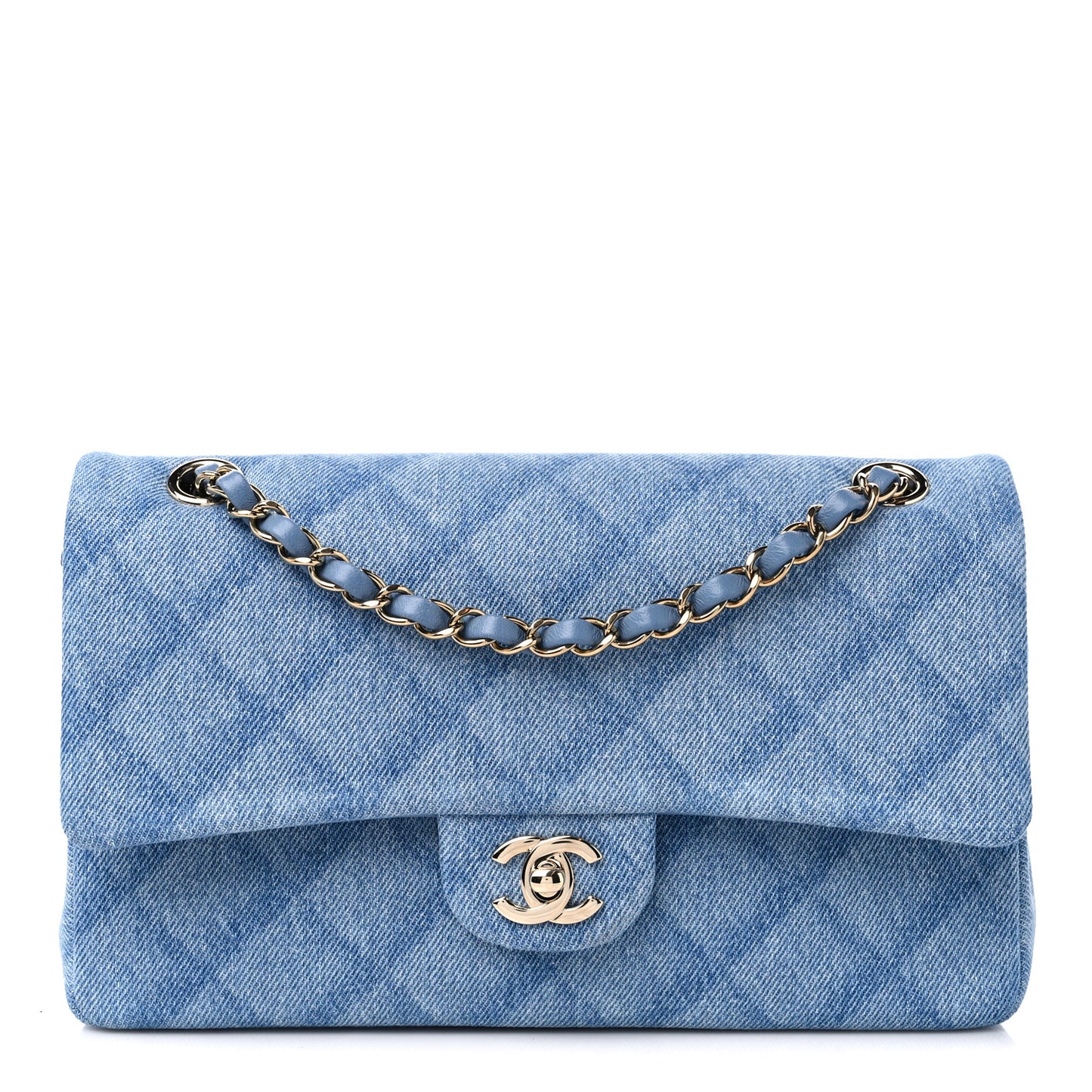 Printed Denim Quilted Medium Double Flap Light Blue