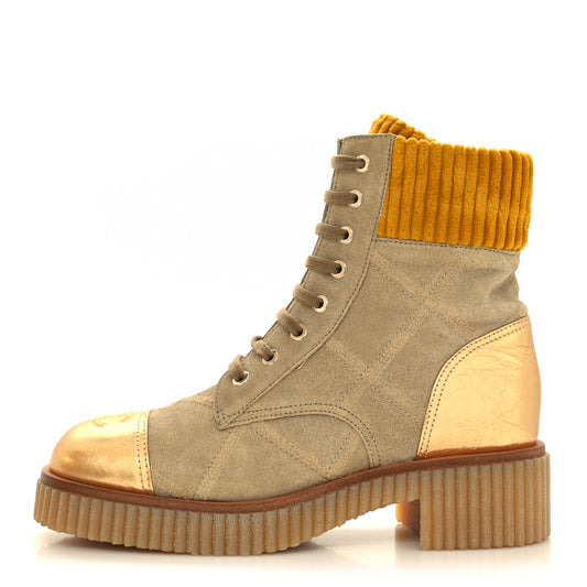 Suede Calfskin Velvet Laminated Quilted CC Combat Boots 38 Beige Yellow Gold