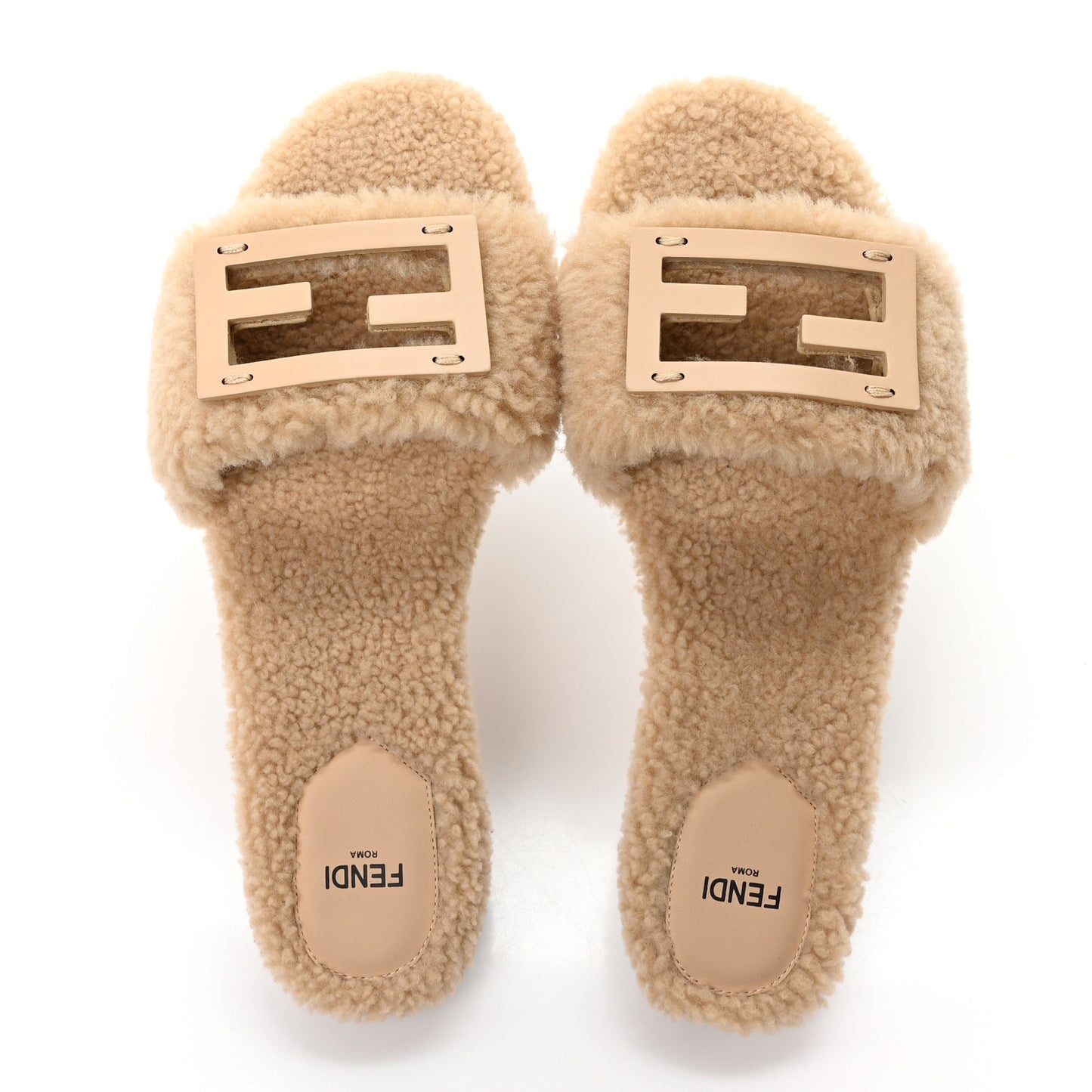 Shearling FF Baguette Slide Sandals 38.5 Beige Naturale
