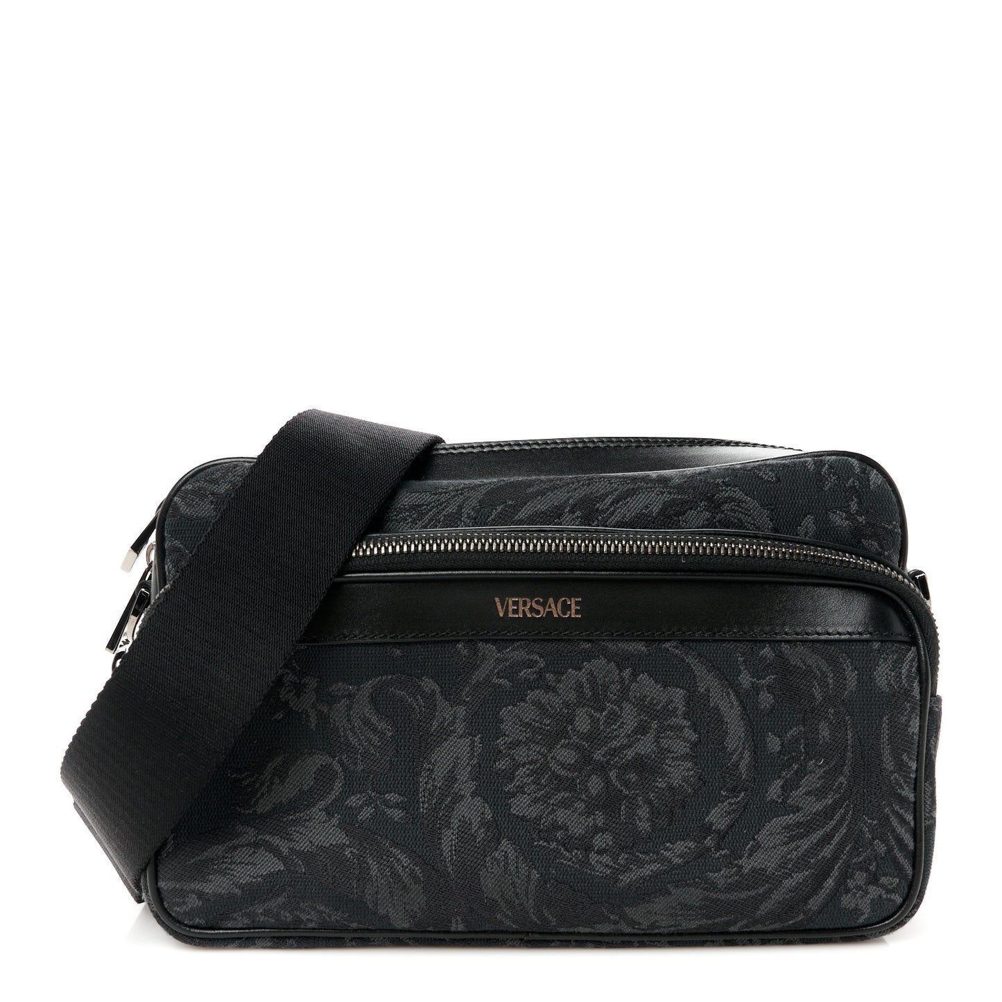 Fabric Jacquard Calfskin Barocco Messenger Crossbody Bag Black