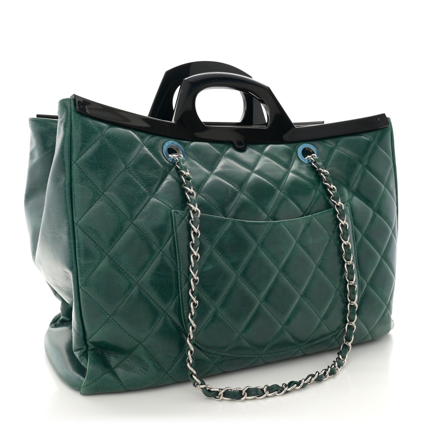 Glazed Calfskin Quilted Large CC Delivery Tote Dark Green