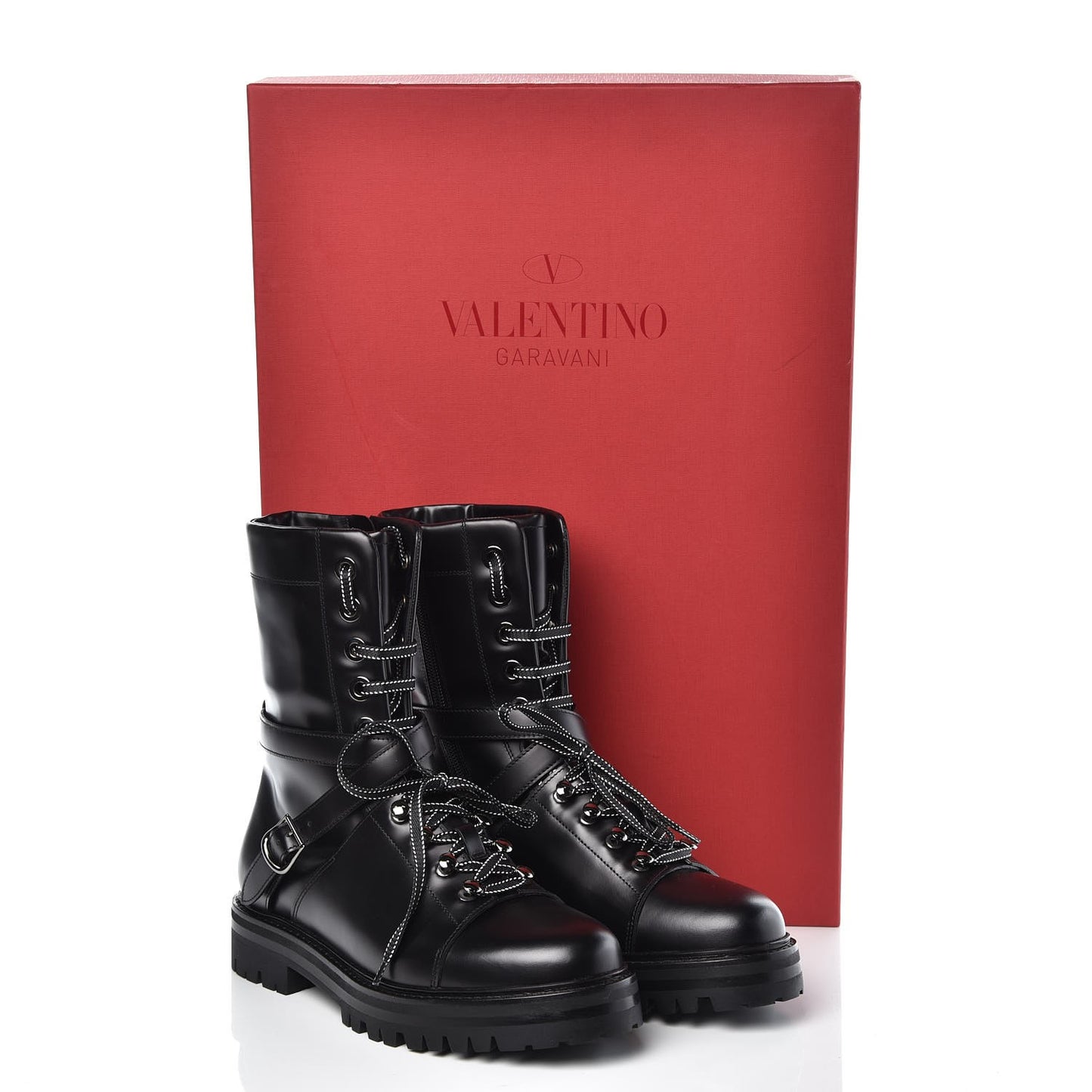 Smooth Calfskin Rockstud Buckled 25mm Combat Boots 38.5 Black