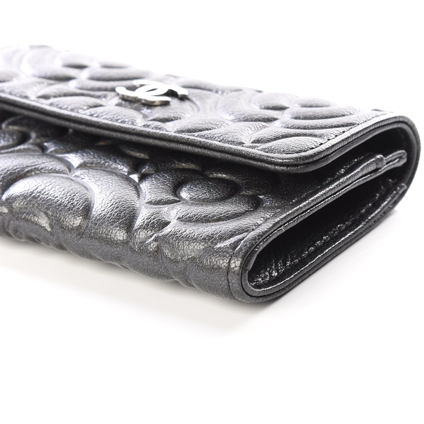 Goatskin Camellia Embossed Flap Card Holder Wallet Grey
