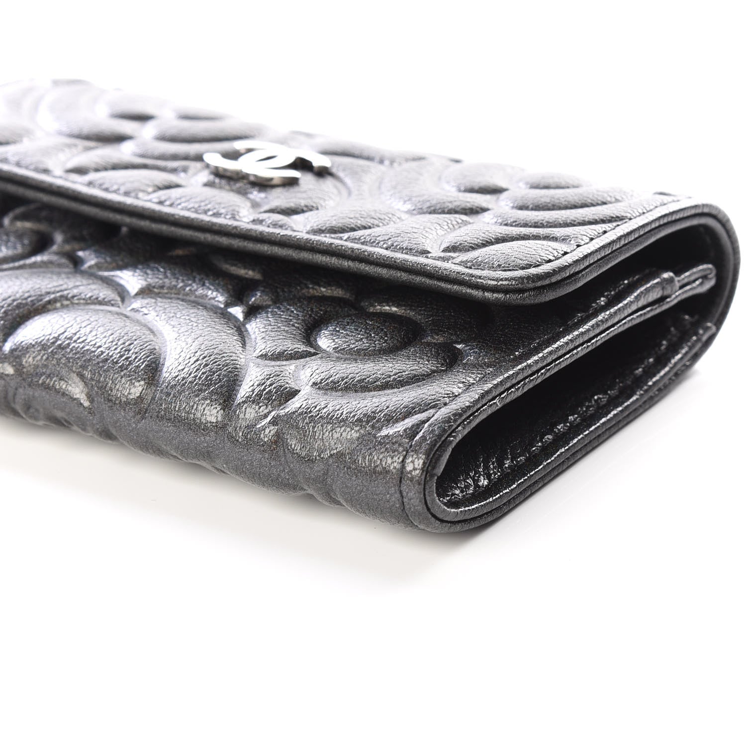 Chanel Goatskin Camellia Embossed Flap Card Holder Wallet Grey 6 of 11