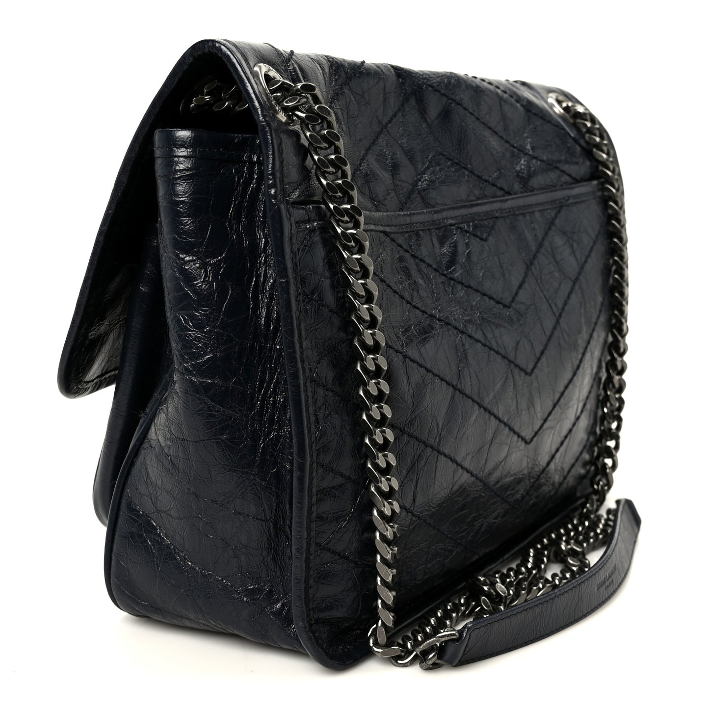 Crinkled Calfskin Matelasse Monogram Medium Niki Chain Satchel Deep Marine