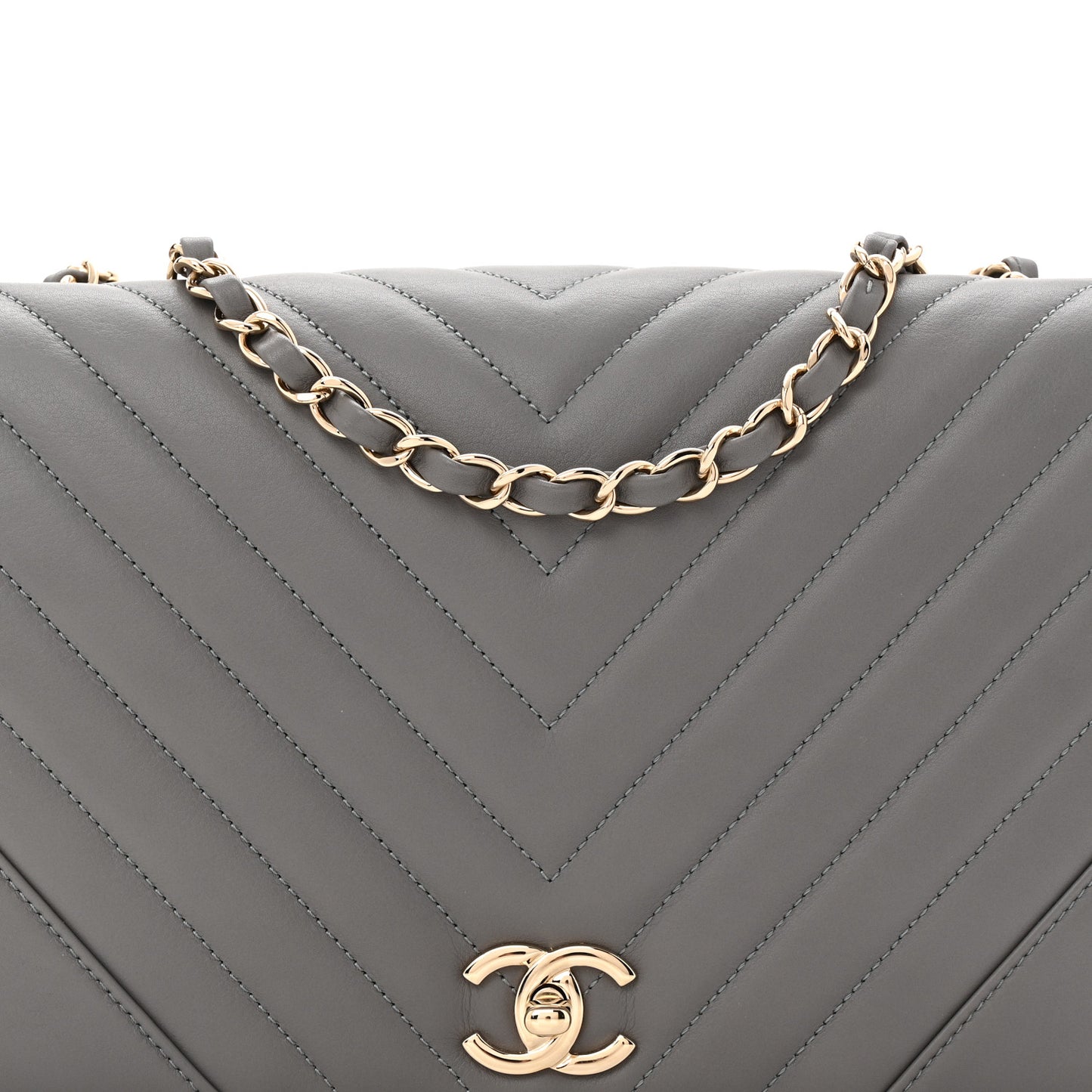 Calfskin Chevron Quilted Large Statement Flap Grey