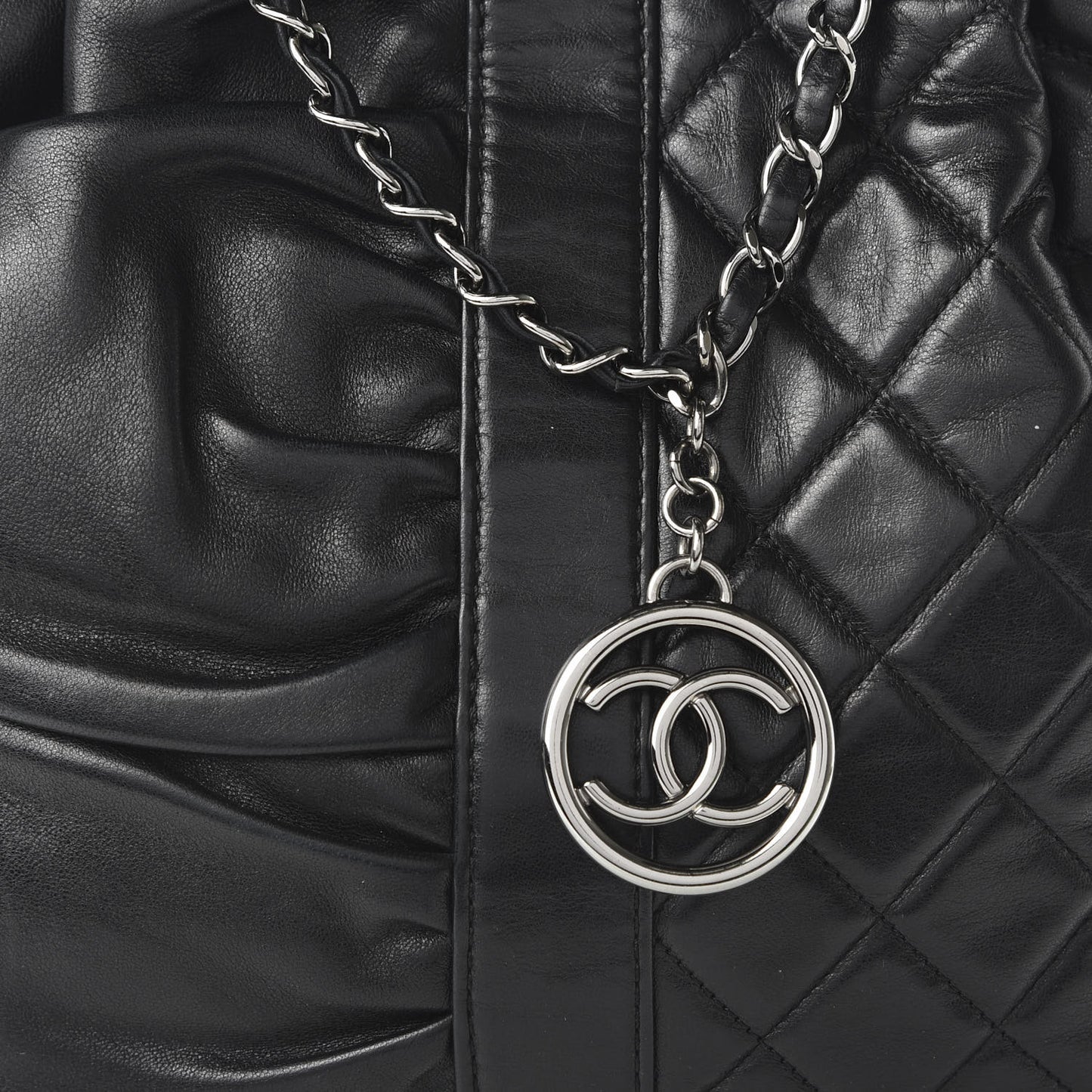 Lambskin Quilted Pile Ou Face Drawstring Bag Black
