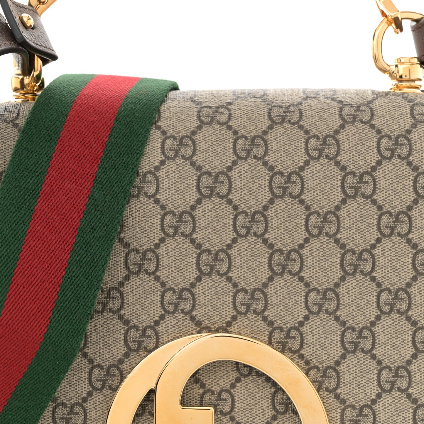 GG Supreme Monogram Textured Dollar Calfskin Web Medium Blondie Top Handle Shoulder Flap Bag Beige Ebony New Acero