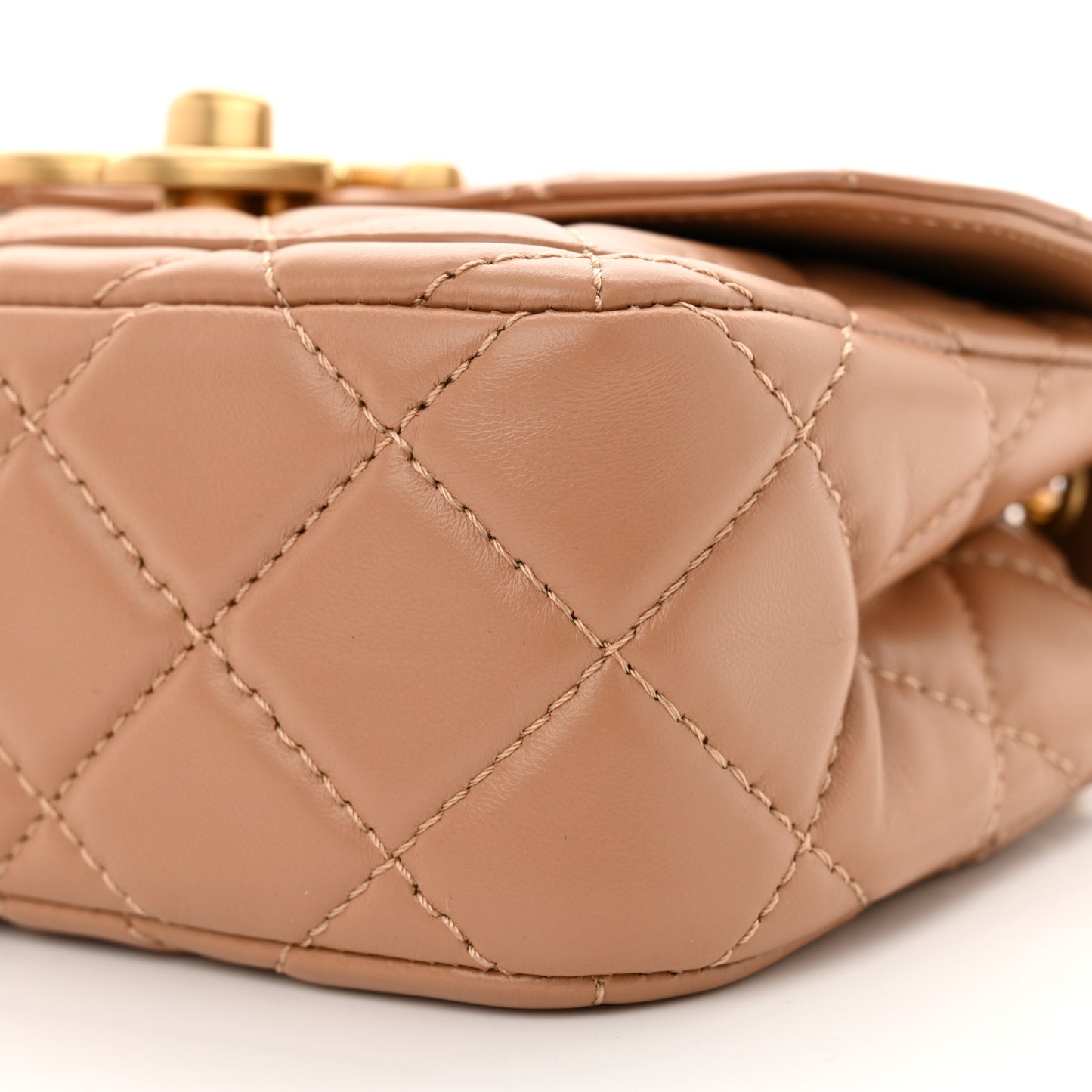 Shiny Lambskin Quilted Mini Maxi CC Flap Beige