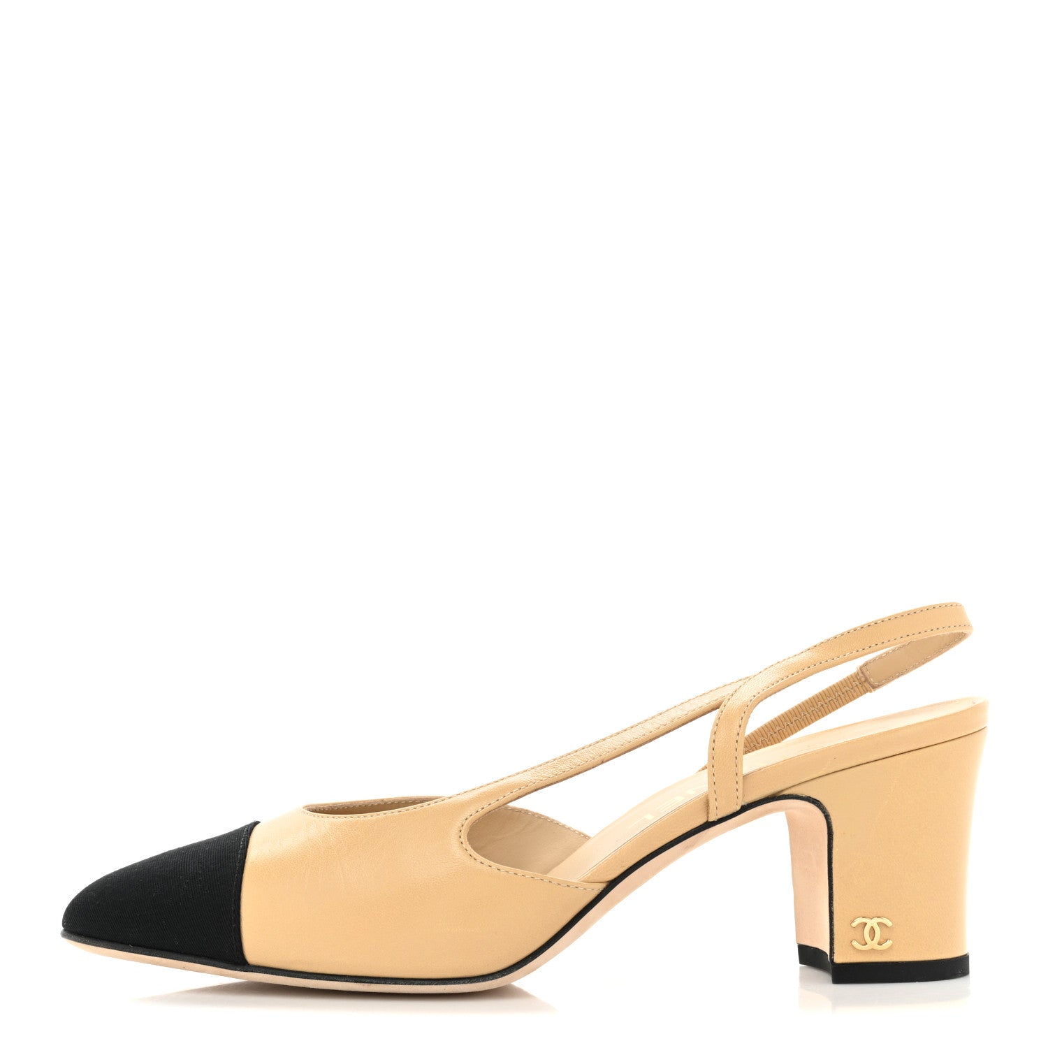 Chanel Goatskin Grosgrain Cap Toe CC Slingback Pumps 38 Beige Black 1 of 10