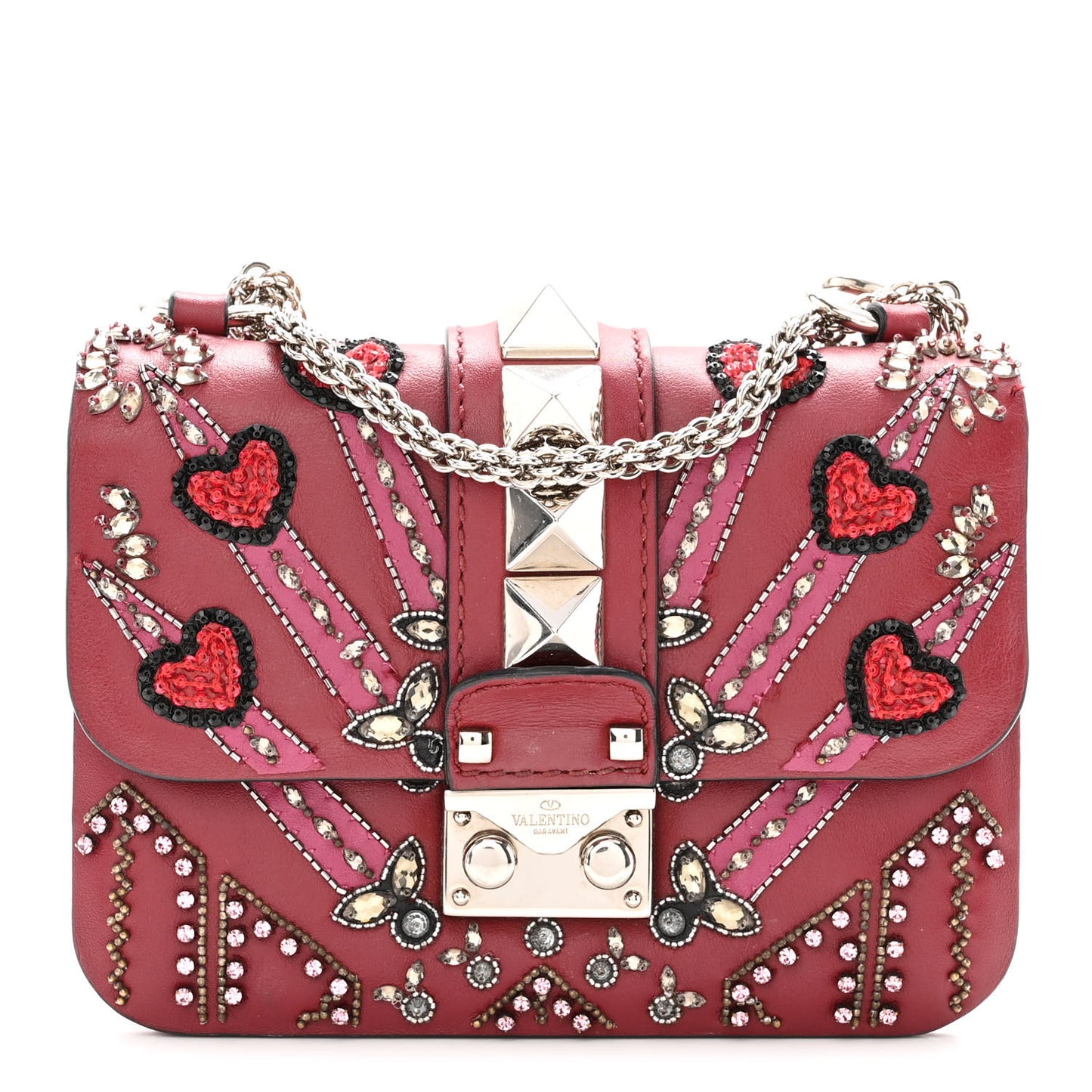 Vitello Crystal Loveblade Embellished Mini Glam Lock Rockstud Flap Rubino