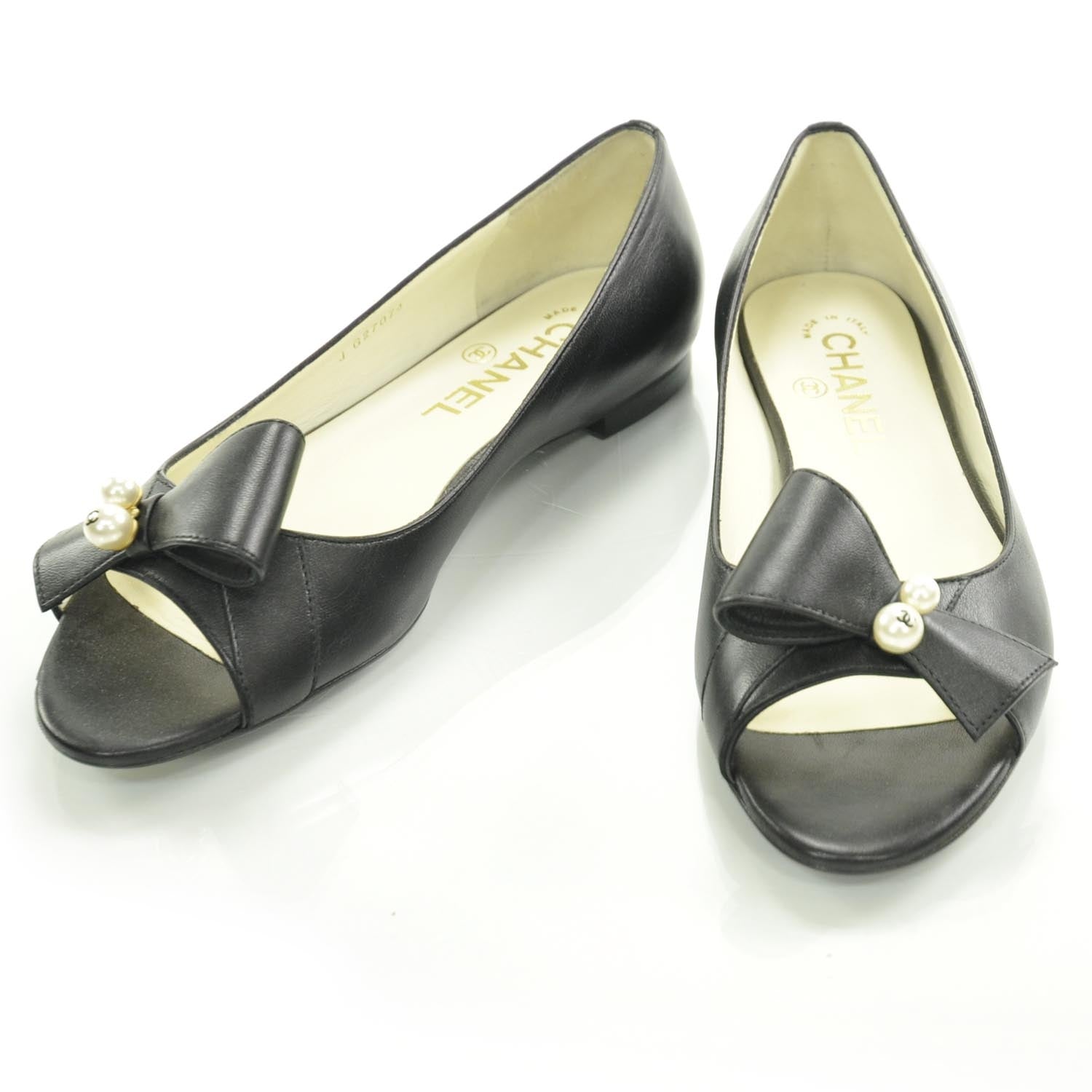 Chanel Leather Pearl Bow Flats 36 Black 1 of 9