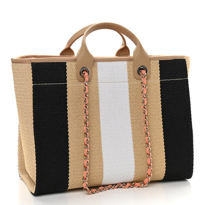 Chanel Straw Raffia Calfskin Striped Large Deauville Tote Black Beige Ivory 3 of 9