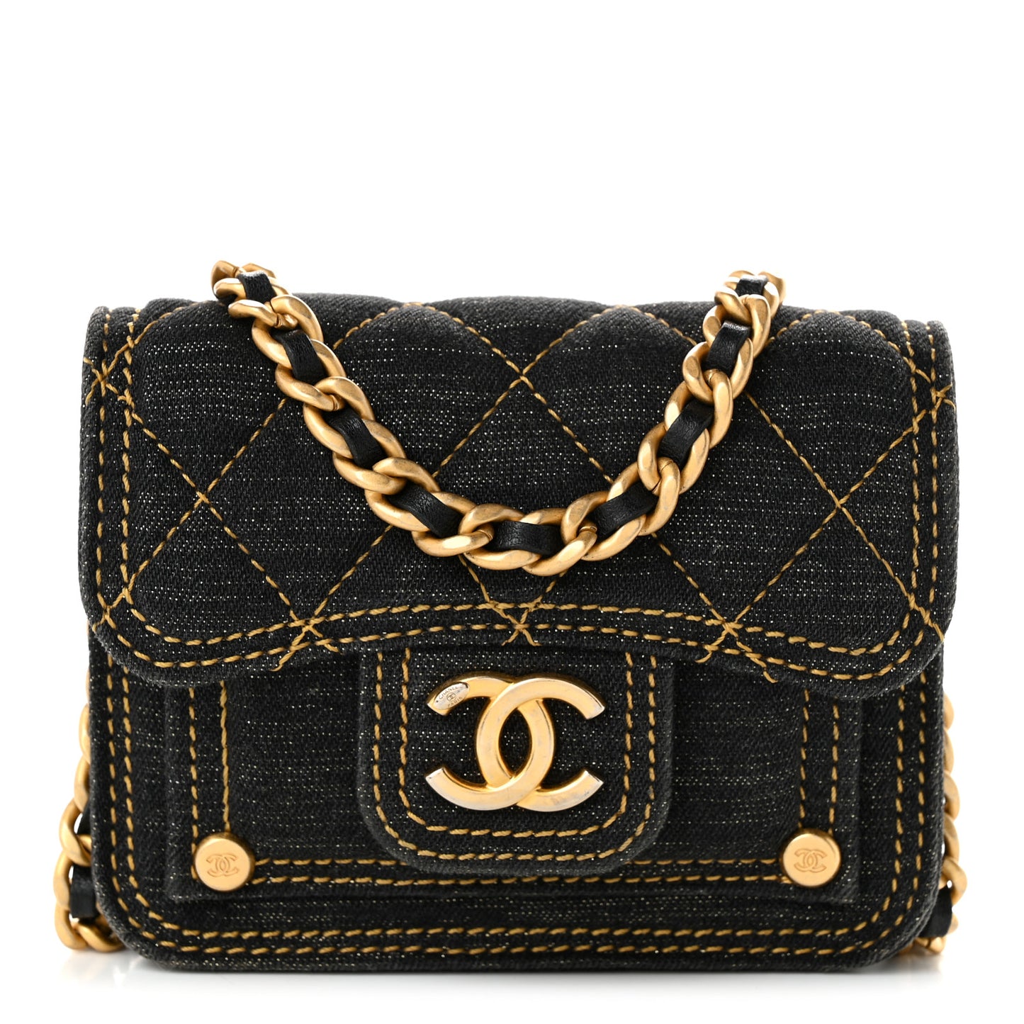 Denim Quilted Double You Card Holder On Chain Black Golden