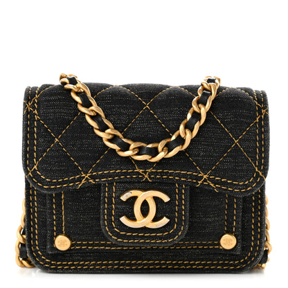 Chanel Denim Quilted Double You Card Holder On Chain Black Golden 1 of 10