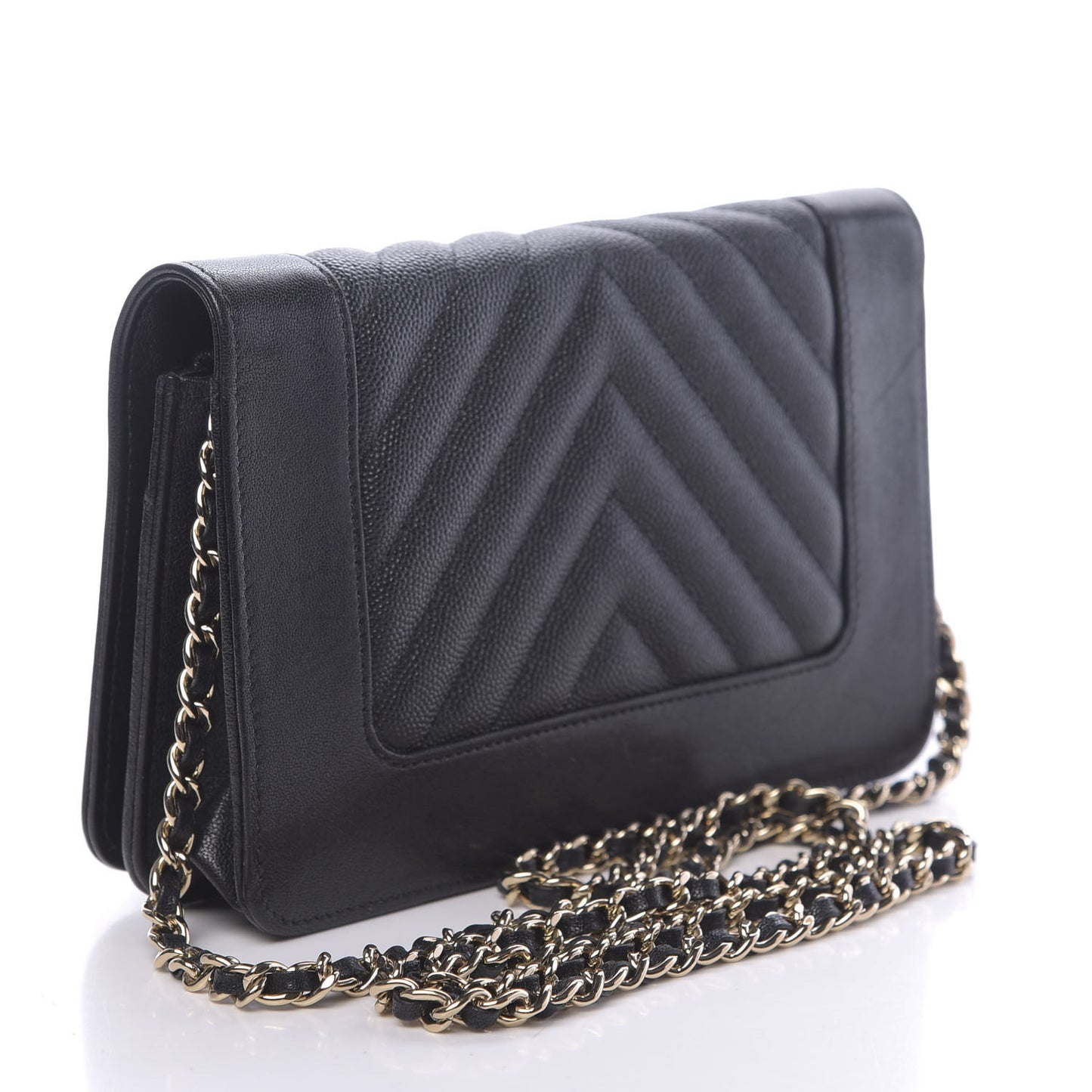 Caviar Sheepskin Chevron Quilted Vintage Mademoiselle Wallet On Chain WOC Black