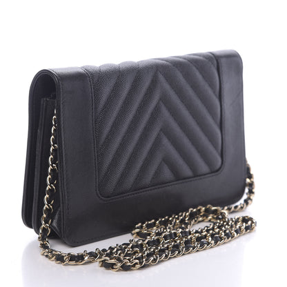 Chanel Caviar Sheepskin Chevron Quilted Vintage Mademoiselle Wallet On Chain WOC Black 3 of 17