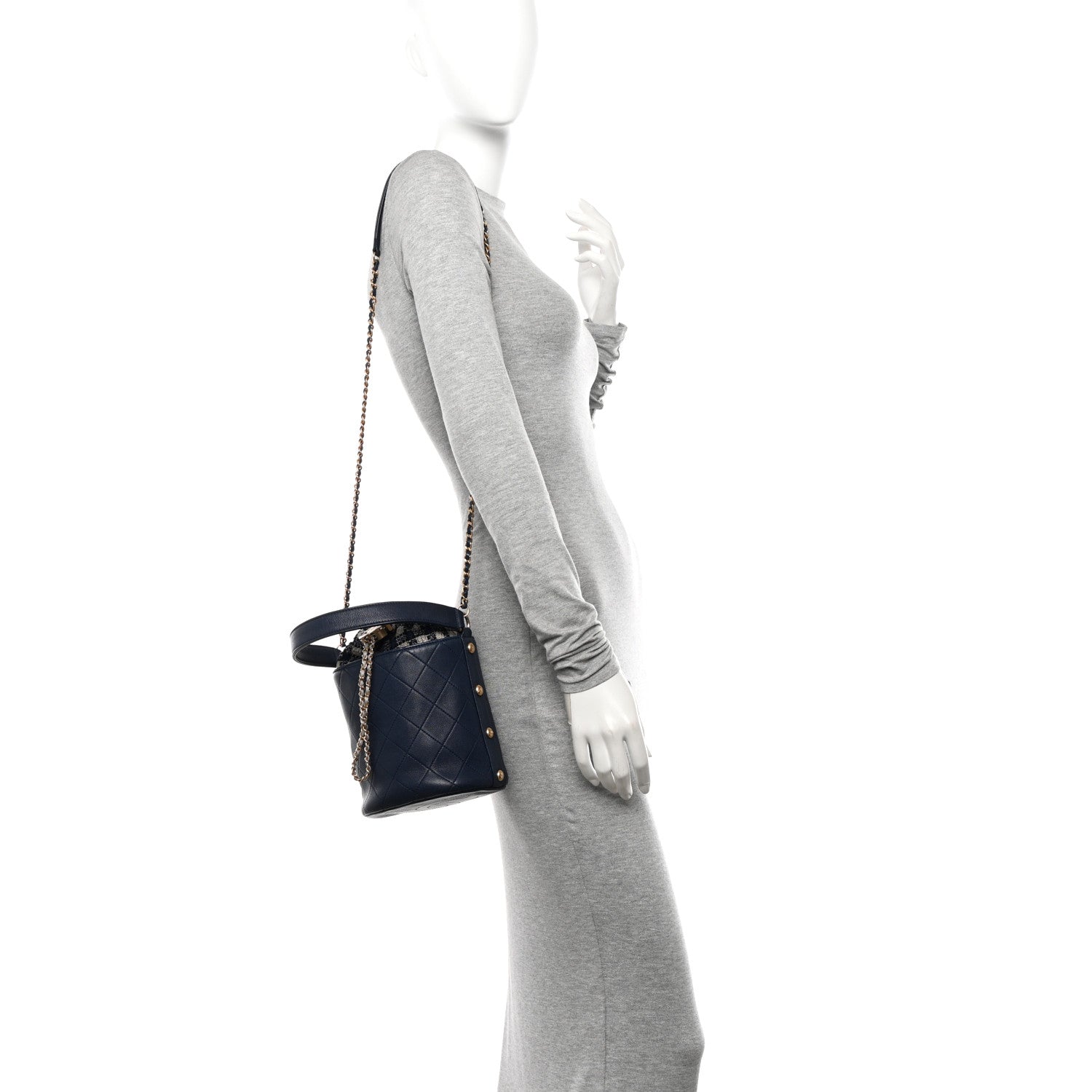 Chanel Calfskin Tweed Medium CC Chain Bucket Drawstring Bag Navy Blue Multicolor 2 of 13