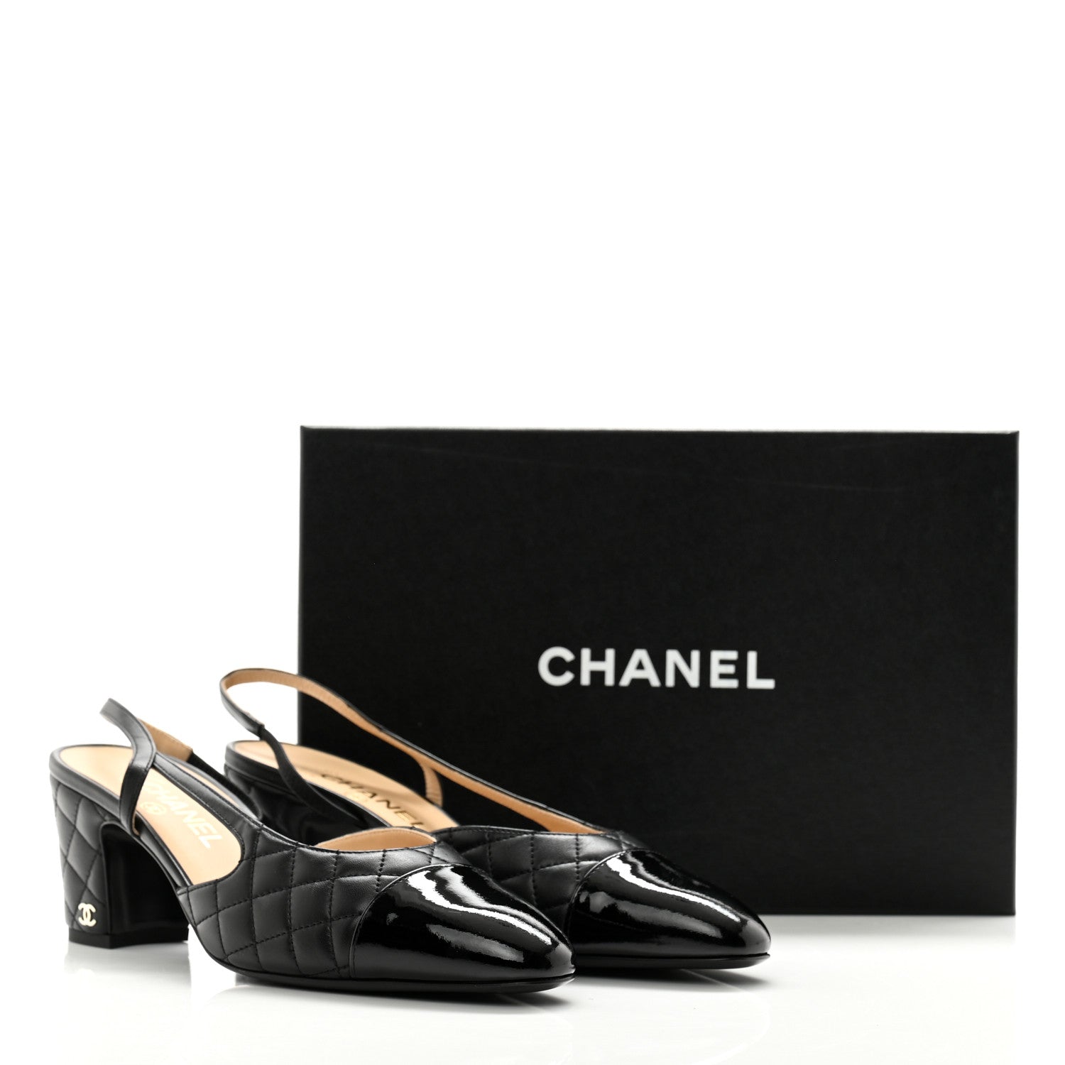 Chanel Lambskin Patent Calfskin Quilted Cap Toe CC Slingback Pumps 40.5 Black 9 of 9