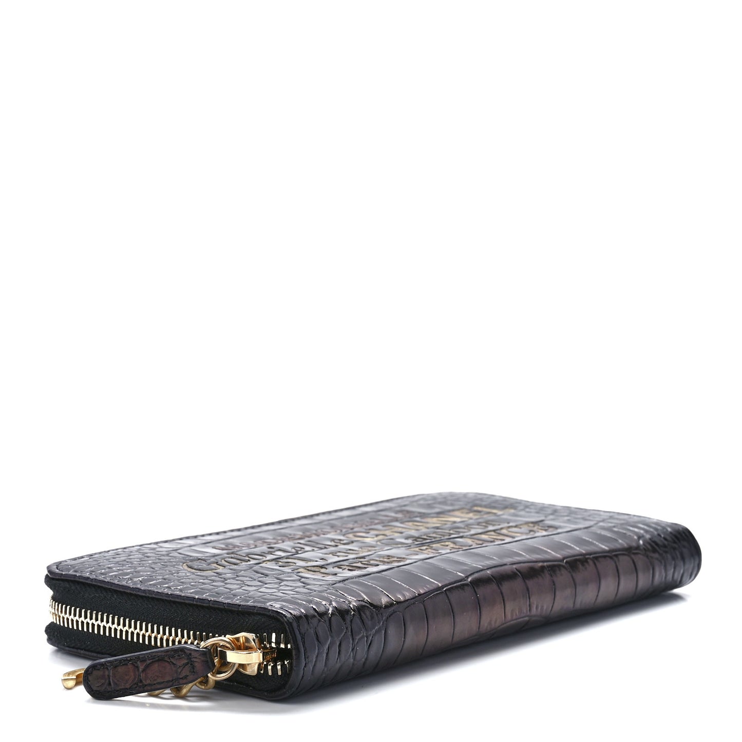 Calfskin Crocodile Embossed Mademoiselle Gabrielle Zip Wallet Black Gold