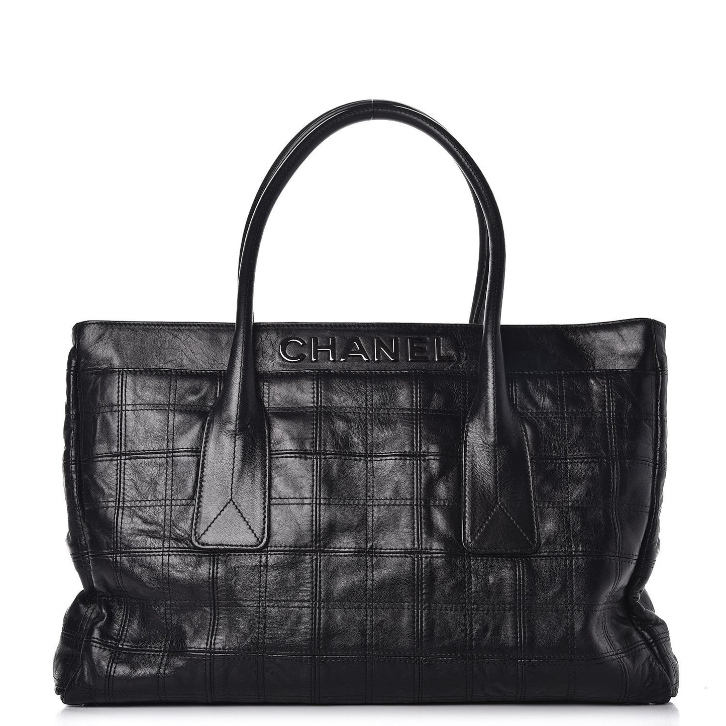 Lambskin Square Stitched Lax Shopping Tote Black