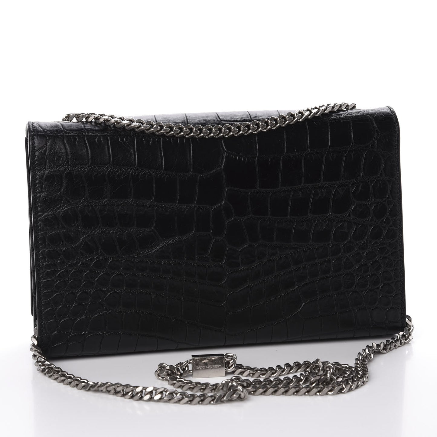 Calfskin Crocodile Embossed Medium Classic Monogram Kate Tassel Satchel Black