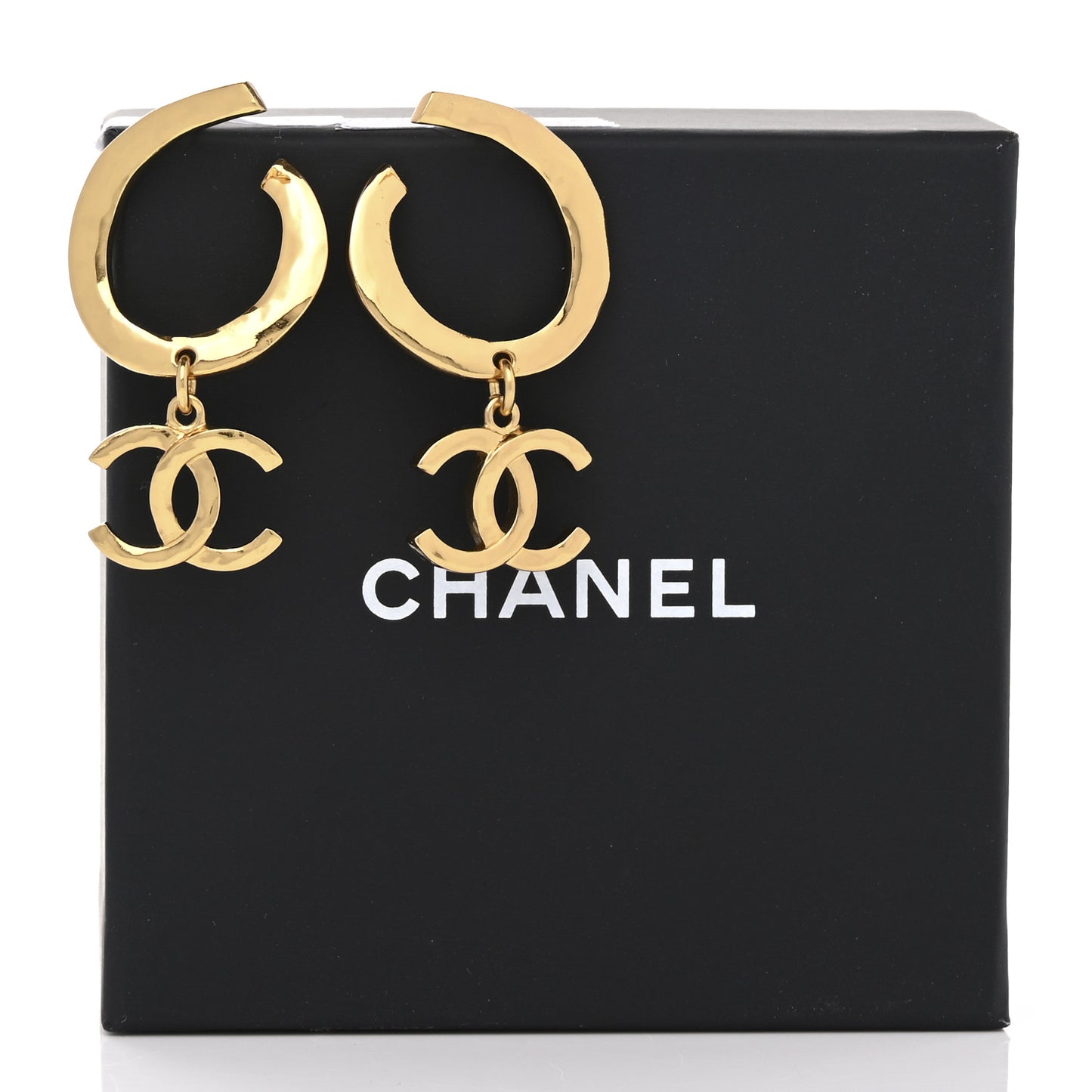 Metal Textured Hoop Drop CC Earrings Gold