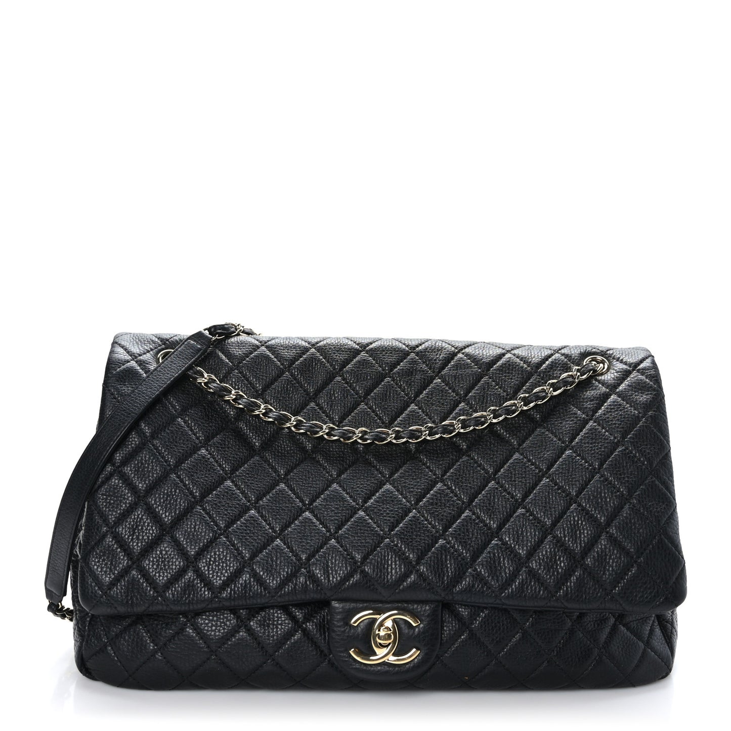 Calfskin Quilted XXL Travel Flap Bag Black